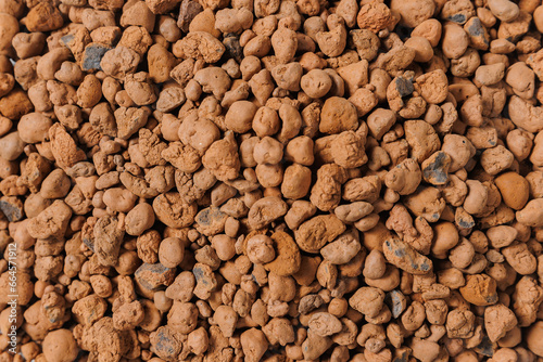 Closeup Heat expanded clay pebbles used construction materials