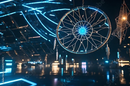 A dream catcher placed within a futuristic, sci-fi setting, with holographic elements, creating a vision of ancient symbolism within a high-tech world.