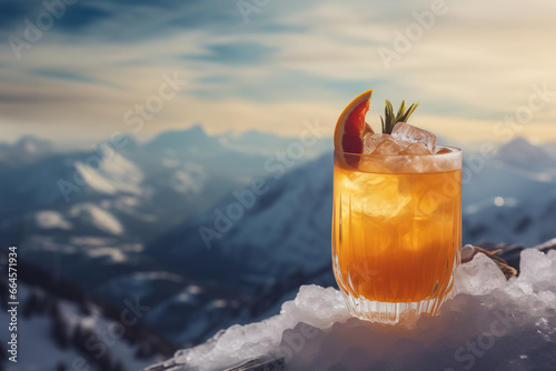 Winter drink. Winter orange cocktail in the snow, on the background of snowy peaks.