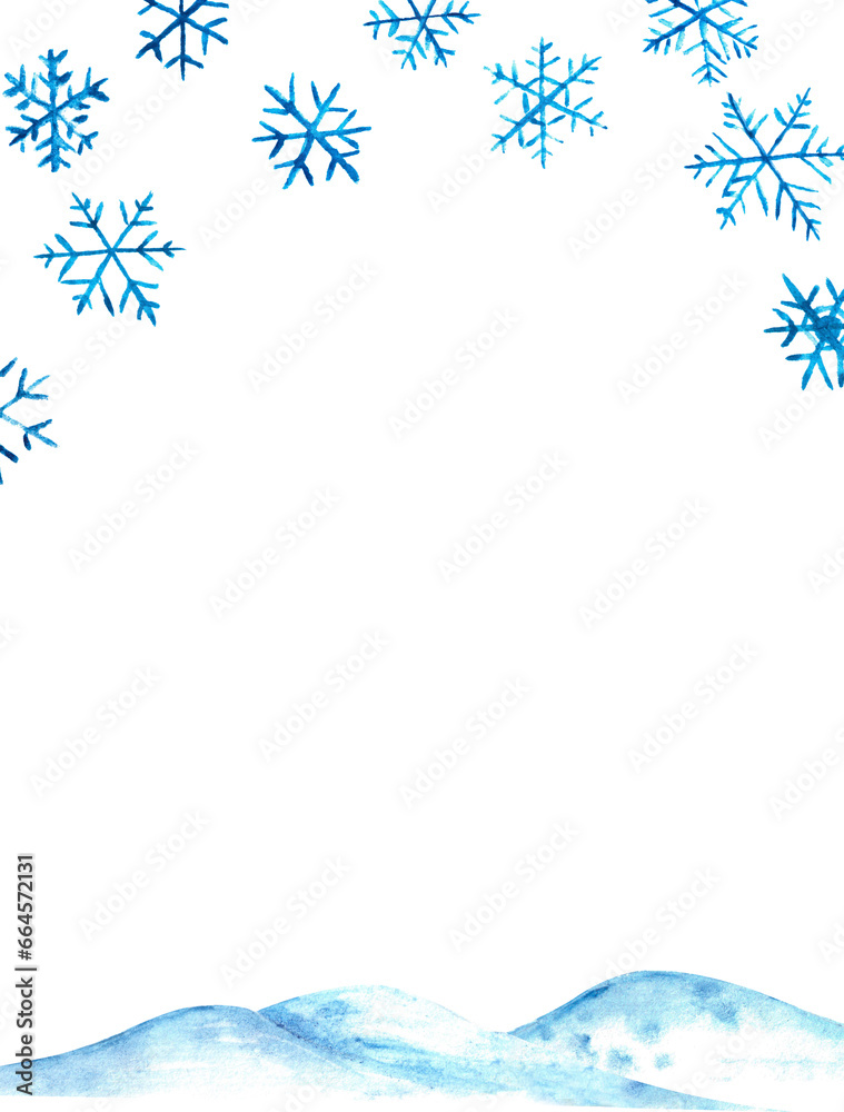 Christmas new year xmas mock up with copy space and watercolor snowdrifts, snow and snowflakes.Winter background snowfall