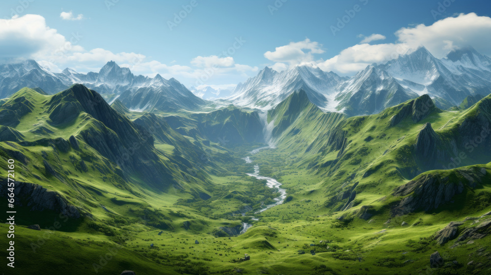 A deep green valley surrounded by snow-capped peaks A deep green valley surrounded by snow-capped peaks