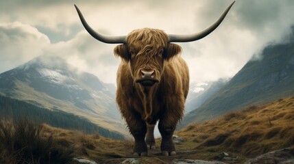 Tableau sur aluminium  Majestic Highland Bull with Long, Curved Horns  © Andreas