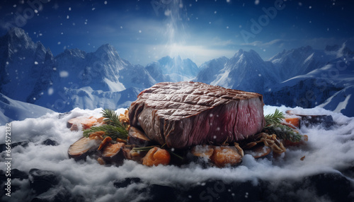 A huge piece of steak against the background of winter, big mountains. Rocky, snow-capped mountains in the background. An original plate of food. © Khrystyna Bohush