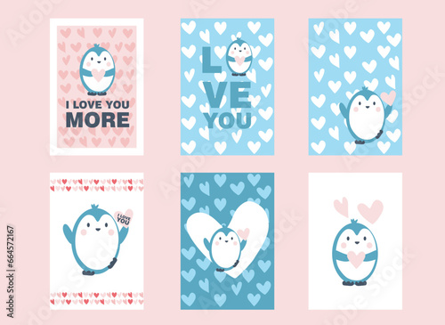 Happy Valentine's day card with abstract cartoon penguin and hearts