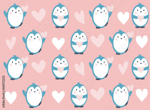 Happy Valentine's day card with abstract cartoon penguin and hearts