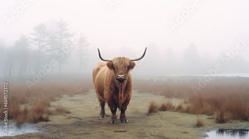 Serene Highland Cow in Misty Scottish Moor