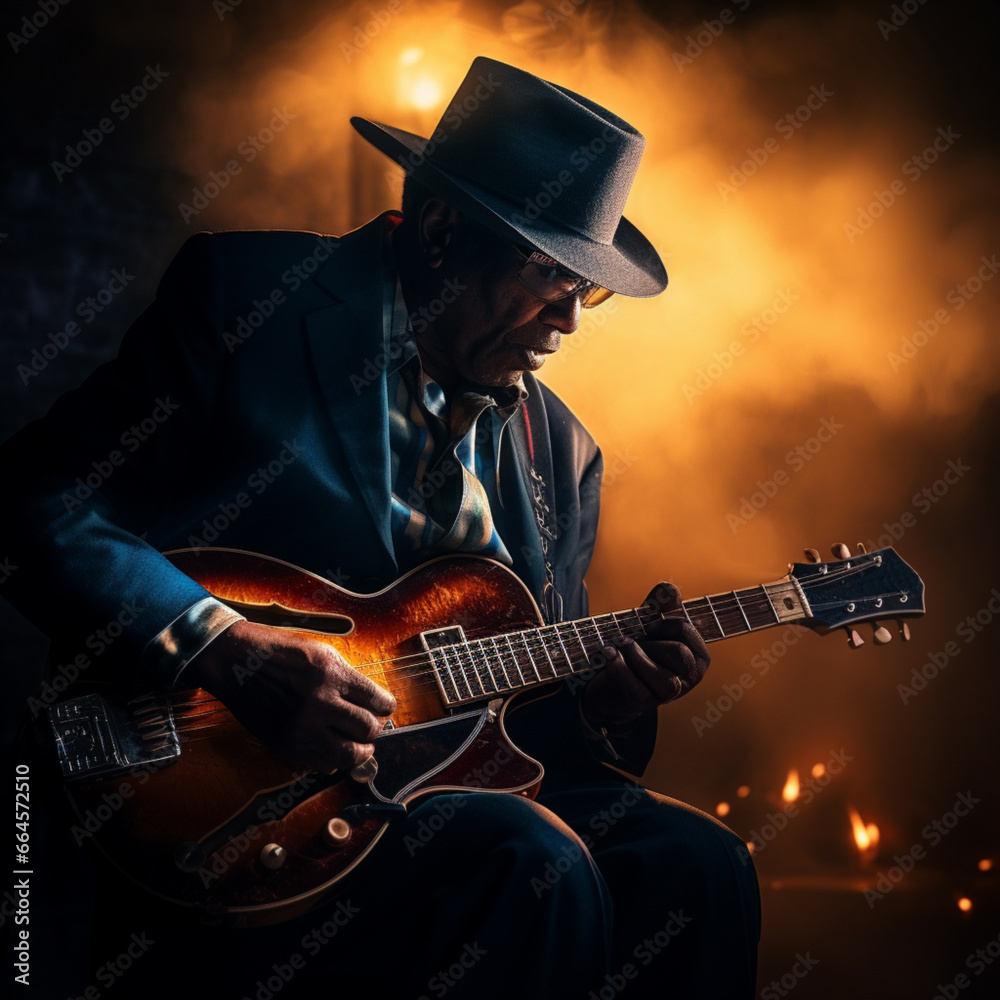 Obraz premium Bluesman play on guitar blues rock under stage light. Festival music concert with songs. Black skin guitarist in hat. Retro style. 