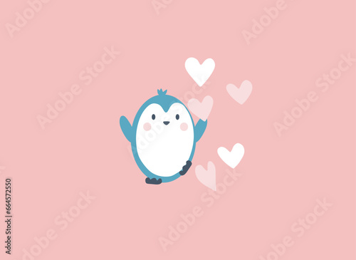 Happy Valentine's day card with abstract cartoon penguin and hearts