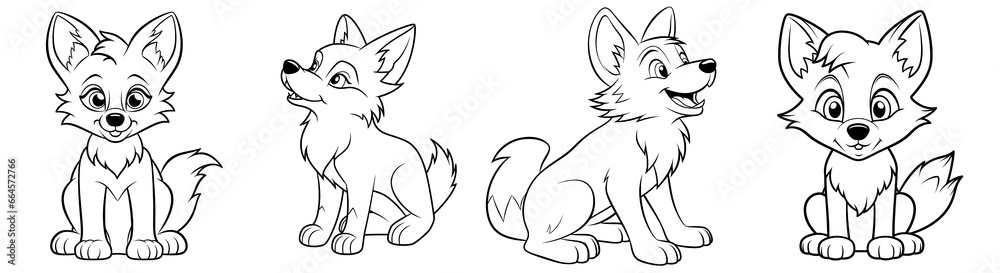 Cute wolf, simple thick lines kids or preschool children cartoon coloring book pages. Generative AI Cute wolf, simple thick lines kids or preschool children cartoon coloring book pages. Generative AI