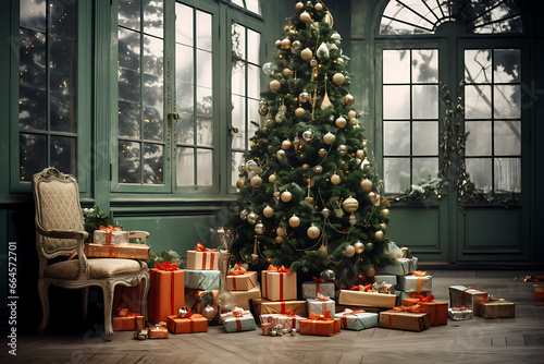 Arbol de navidad con regalos y adornos navideños photo