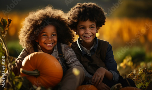 Friends, black boys picking pumpkins on an autumn sunny day, big beautiful pumpkin, go pick pumpkins, pumpkin patch
