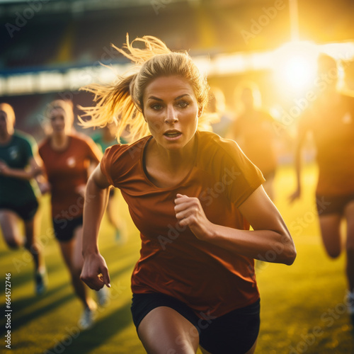 Women's football, a female's team runs across the field of the stadium under the setting sun