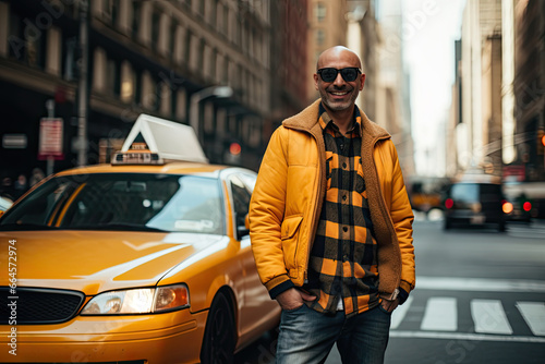 A confident and stylish male taxi driver in the city, with a fashionable look and a cheerful smile. © Andrii Zastrozhnov