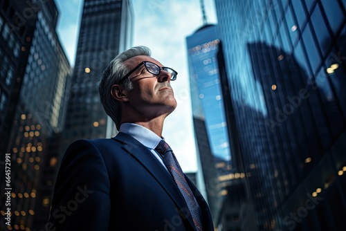 A successful and confident businessman in the city, with a modern skyline in the background. © Andrii Zastrozhnov