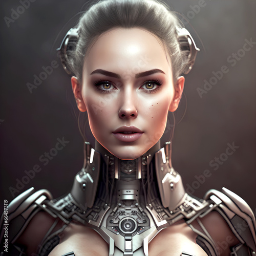 Woman face robot in realistic style. Abstract modern digital portrait. Information technology. Digital cyberspace. Future futuristic technology.