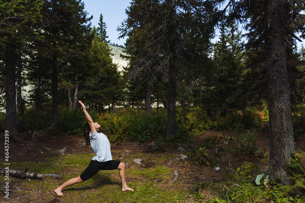 The girl performs a set of yoga exercises for balance, sun salutation, yoga practice, body bend, training in nature, asana with deflection.