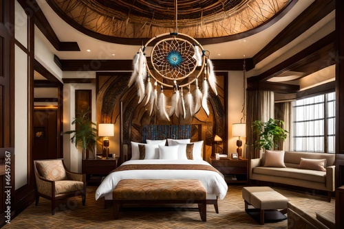 A dream catcher incorporated into an upscale hotel's interior design, hanging above a lavish four-poster bed, symbolizing comfort and protection for guests.