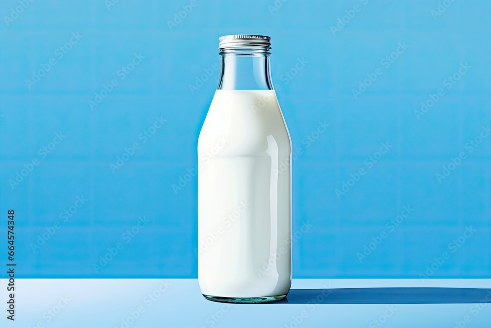 A glass bottle with full milk on blue background. A glass bottle with full milk on blue background.