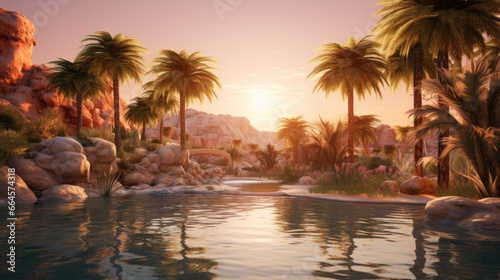 A desert oasis  with a few palm trees and a small pond surrounded by lush vegetation The sun is setting  and the sky is a blend of oranges and pinks