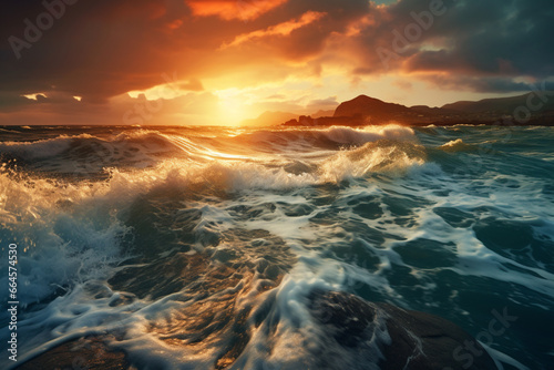 Sea Storm view, waves with foam in storm, seascape, sea or ocean under dark blue clouds, turquoise colour of water. Mountains coastline. Big Waves.