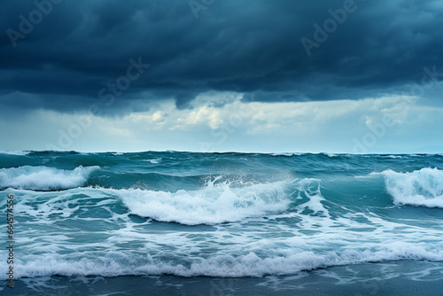 Sea Storm view, waves with foam in storm, seascape, sea or ocean under dark blue clouds, turquoise colour of water. Mountains coastline. Big Waves.