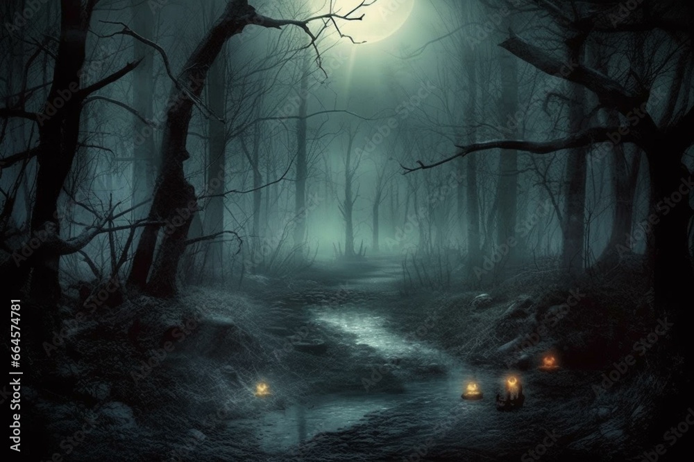 Eerie nightfall in a spooky forest. A mystical backdrop for Halloween with a touch of fantasy. Created digitally. Generative AI