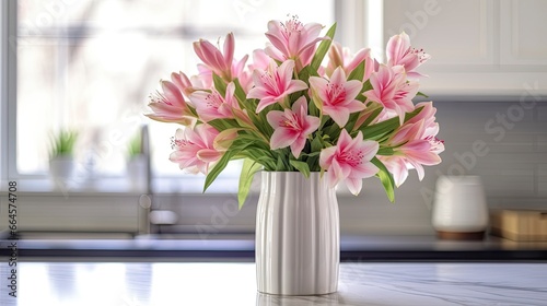 A white vase full of pink flowers is sitting on counter. #664574708