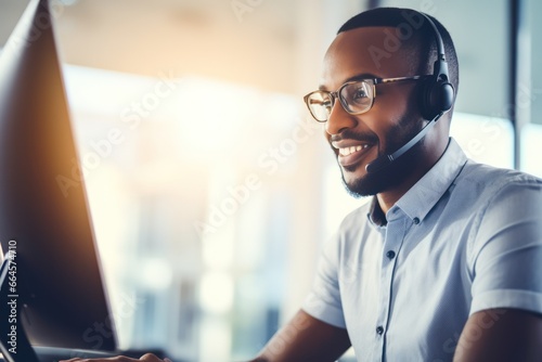 AI highlighted by male call center worker using advanced chat software for customer queries photo