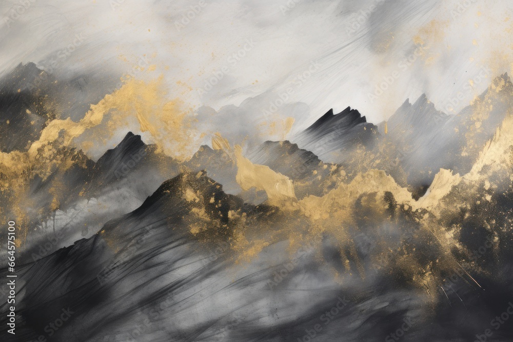 Epic Golden Heights: Wall Art Depicting Mountains in Black and Gold, Decorated with Intriguing Paint Splatters
