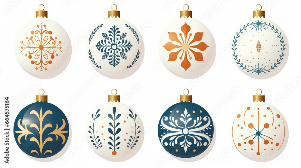 flat 2D vector illustration set, beautiful decorated christmas bauble isolated on white background. Set of beautiful Christmas decoration. Christmas elements, design for Christmas card, greeting card flat 2D vector illustration set, beautiful decorated christmas bauble isolated on white background. Set of beautiful Christmas decoration. Christmas elements, design for Christmas card, greeting card