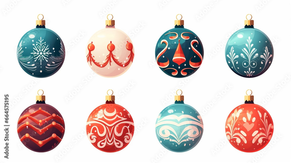 flat 2D vector illustration set, beautiful decorated christmas bauble isolated on white background. Set of beautiful Christmas decoration. Christmas elements, design for Christmas card, greeting card flat 2D vector illustration set, beautiful decorated christmas bauble isolated on white background. Set of beautiful Christmas decoration. Christmas elements, design for Christmas card, greeting card
