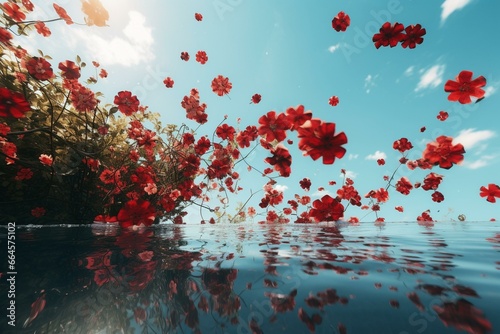 red flowers floating in the sky. Generative AI