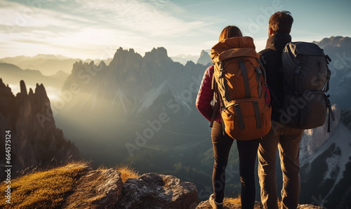 Couple hiker traveling, walking alone Italian Dolomites under sunset light. Woman traveler enjoys with backpack hiking in mountains. Travel, adventure, relax, recharge concept.