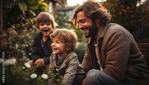 Padre con niños disfrutando y sonriendo.
Imagen otoñal con familia feliz en el jardín exterior. Ia generada. photo