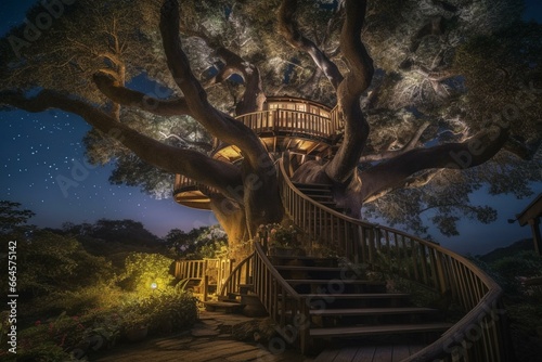 Fantasy meets serene beauty in this stunning evening view of a giant tree with a spiral staircase leading up to a magical treehouse. Generative AI © Thalia