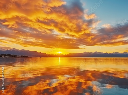 Bright sunset over Lake golden clouds reflect in the water.