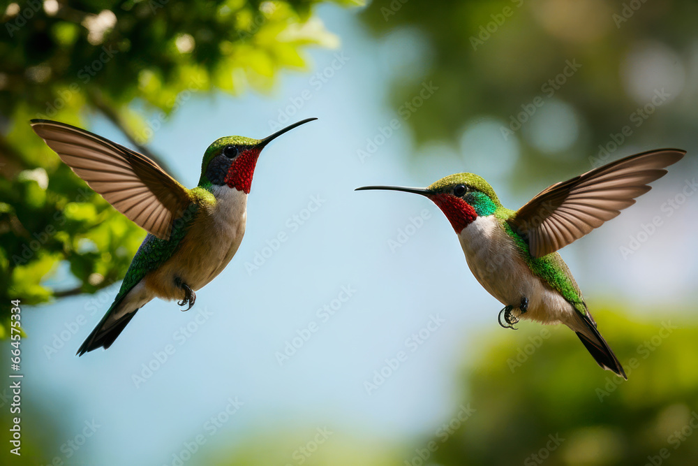 Fototapeta premium A pair of rare hummingbirds in flight, their vibrant colors a striking contrast against the lush green foliage of a tropical rainforest. Wildlife concept of ecological environmen