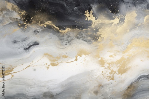 Abstract Artwork Showcasing Mountains in Black and Gold, Highlighted by Dazzling Paint Splashes © lublubachka