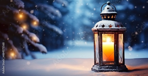 Christmas Lantern On Snow With Fir Branch In Evening Scene.