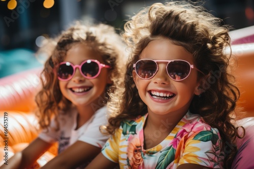 Joyful Children at the Water Park: Happy Kids Enjoying Aquatic Fun in the Outdoor Pool