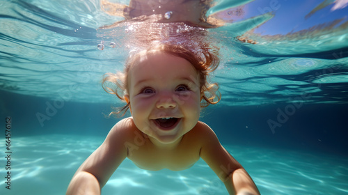 child swimming in pool , diving underwater