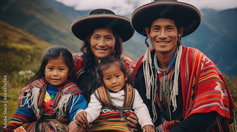 Family Photo Of Indigenous People In Peru.
Indigenous family in the mountains of peru wearing traditional clothes, ponchos and hat having great time with their kids smiling at the camera. - obrazy, fototapety, plakaty 