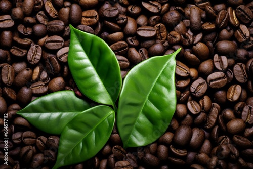 Green leaves with coffee beans as background.