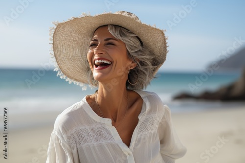 Graceful Seashore Presence: Middle-Aged Woman in White Skirt Enjoying the Beach © lublubachka