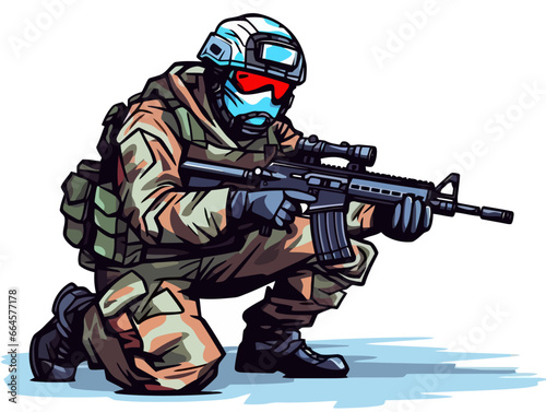 Doodle Soldier in combat gear, cartoon sticker, sketch, vector, Illustration, minimalistic