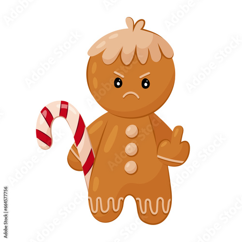 Angry gingerbread man shows the middle finger. Gingerbread in flat style on a white background. Christmas print.
