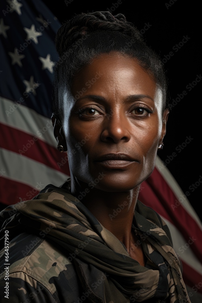 Portrait of a middle-aged african american woman with the american flag as the backdrop. Portrait of a middle-aged african american woman with the american flag as the backdrop.