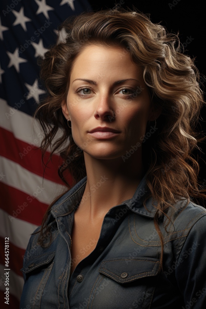 Portrait of a middle-aged american woman with the american flag in the backdrop.