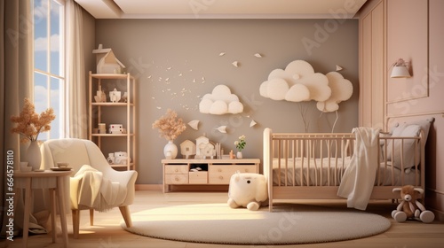 Cozy interior of child room. Natural, bright kid's bedroom interior with wooden furniture, designer accessories