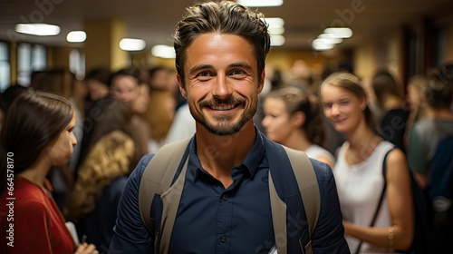 Smiling man in crowd, emanating confidence amid bustle.